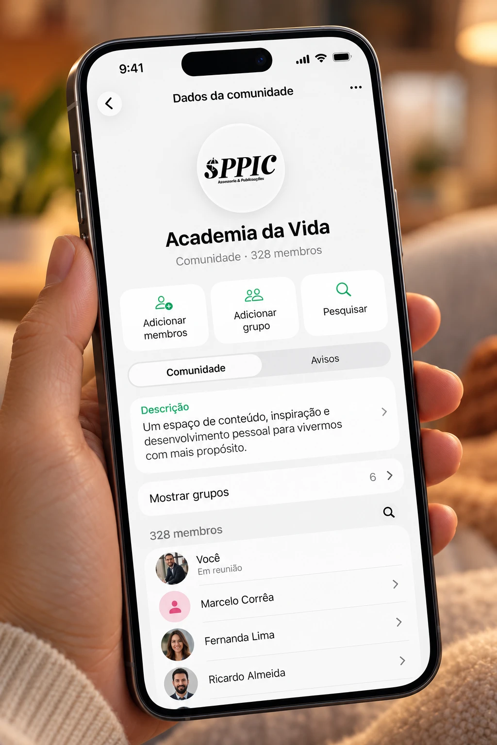 Telemóvel com a comunidade Academia da Vida aberta.